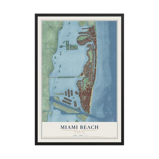 Map of Miami Beach, Florida, 12 x 18 inch print in a black wood frame