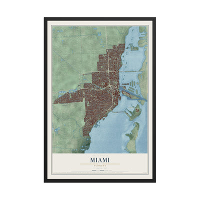 Miami, Florida map print, 12" x 18" W/ Black Ayous Wood Frame mockup