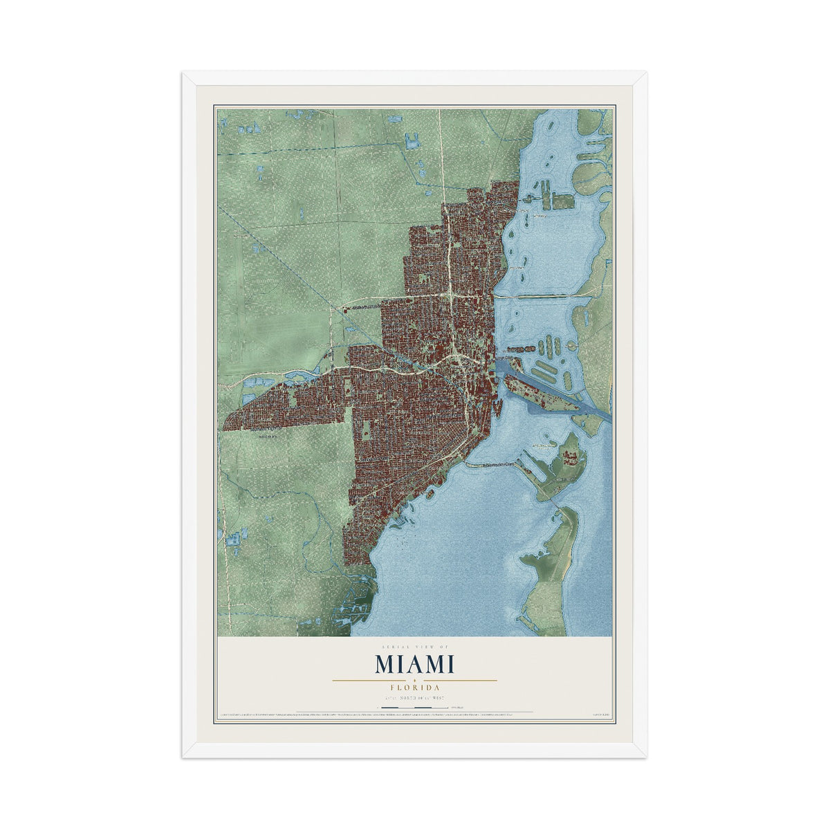 Miami, Florida map print, 12" x 18" W/ White Ayous Wood Frame mockup