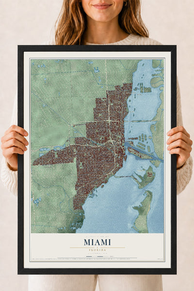 Miami, Florida map print, 18" x 24" W/ Black Ayous Wood Frame mockup
