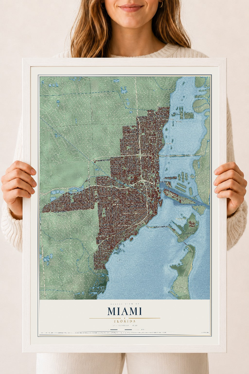 Miami, Florida map print, 18" x 24" W/ White Ayous Wood Frame mockup