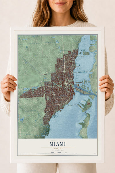 Miami, Florida map print, 18" x 24" W/ White Ayous Wood Frame mockup