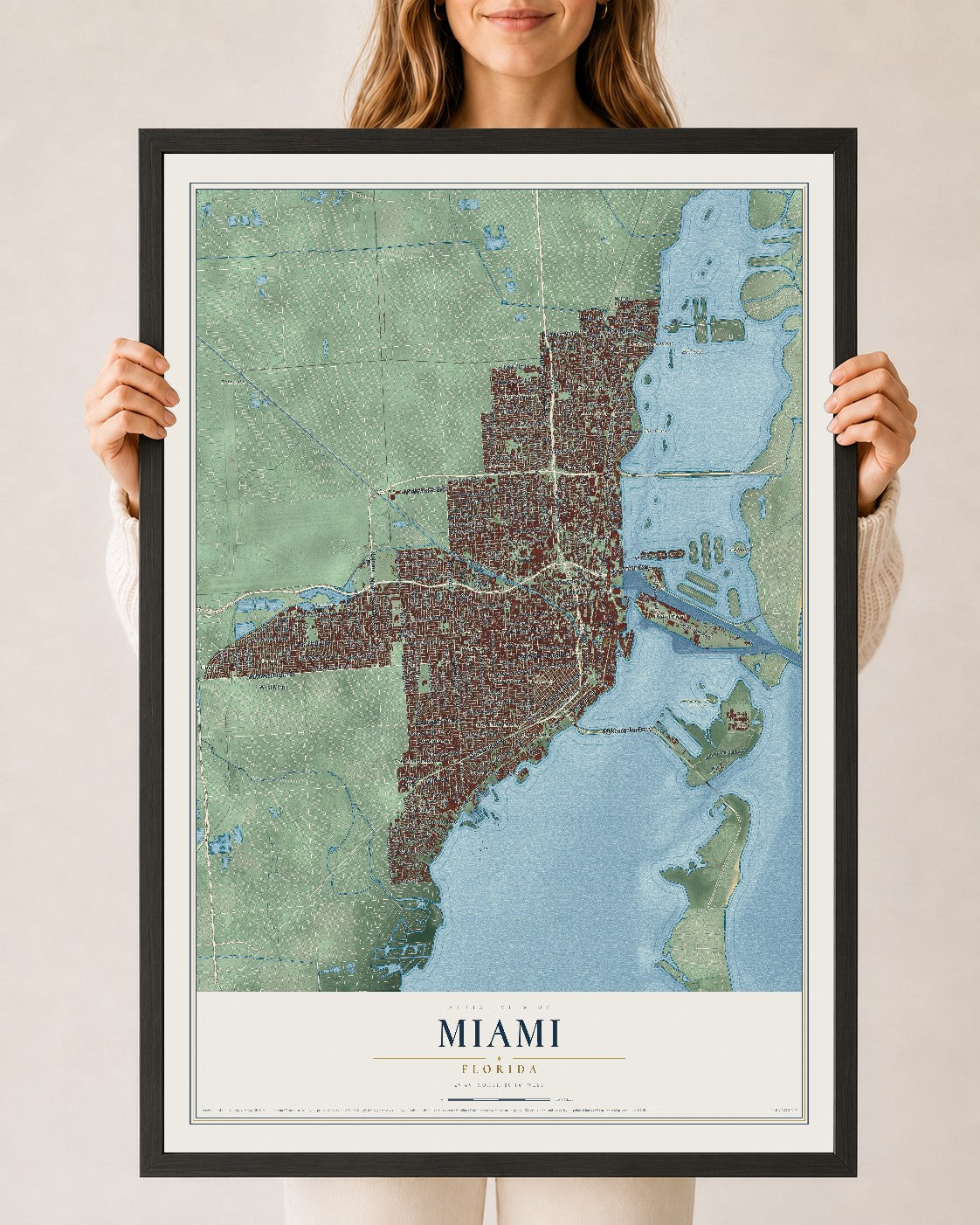 Miami, Florida map print, 24" x 36" W/ Black Ayous Wood Frame mockup