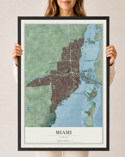 Miami, Florida map print, 24" x 36" W/ Black Ayous Wood Frame mockup