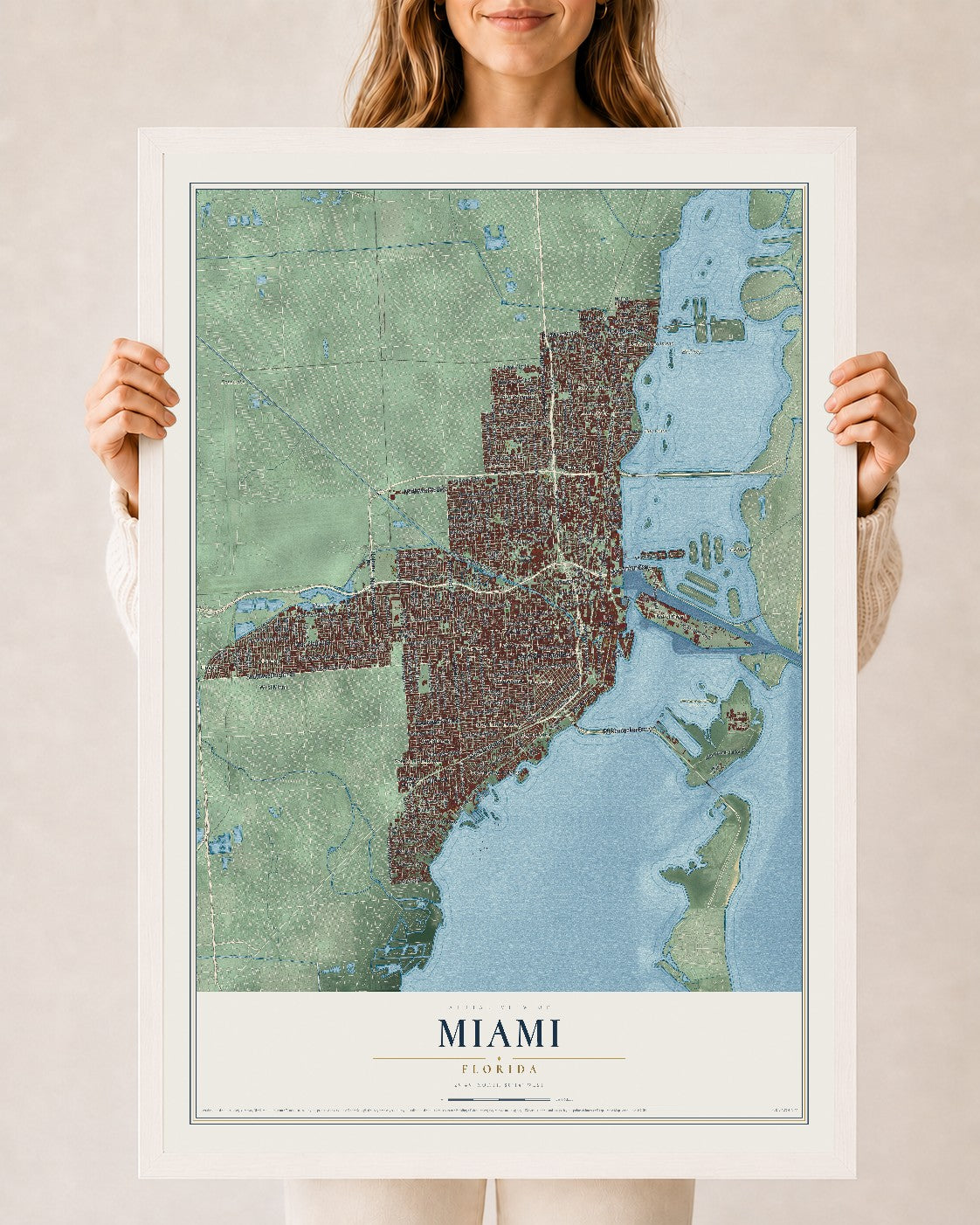 Miami, Florida map print, 24" x 36" W/ White Ayous Wood Frame mockup