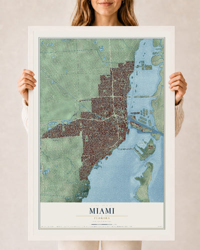 Miami, Florida map print, 24" x 36" W/ White Ayous Wood Frame mockup