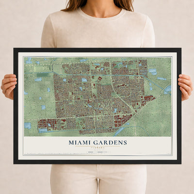 Miami Gardens, Florida map print, 12" x 18" W/ Black Ayous Wood Frame mockup
