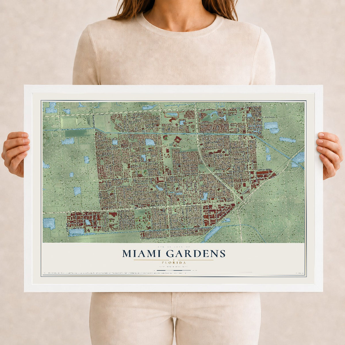 Miami Gardens, Florida map print, 12" x 18" W/ White Ayous Wood Frame mockup