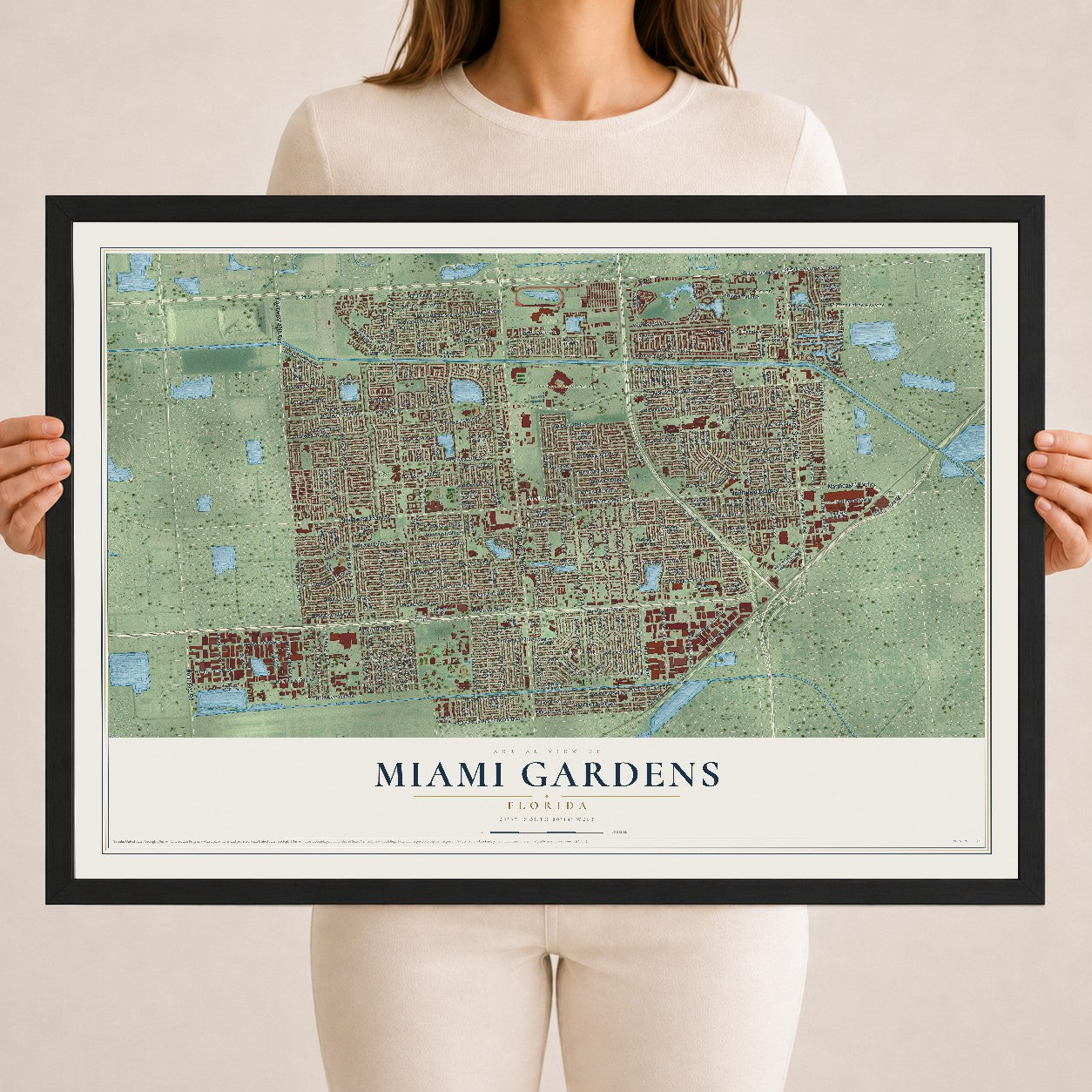 Miami Gardens, Florida map print, 18" x 24" W/ Black Ayous Wood Frame mockup