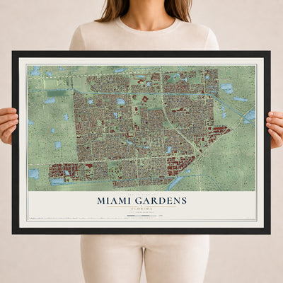 Miami Gardens, Florida map print, 18" x 24" W/ Black Ayous Wood Frame mockup