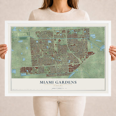 Miami Gardens, Florida map print, 18" x 24" W/ White Ayous Wood Frame mockup
