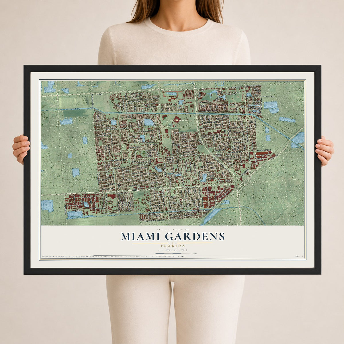 Miami Gardens, Florida map print, 24" x 36" W/ Black Ayous Wood Frame mockup