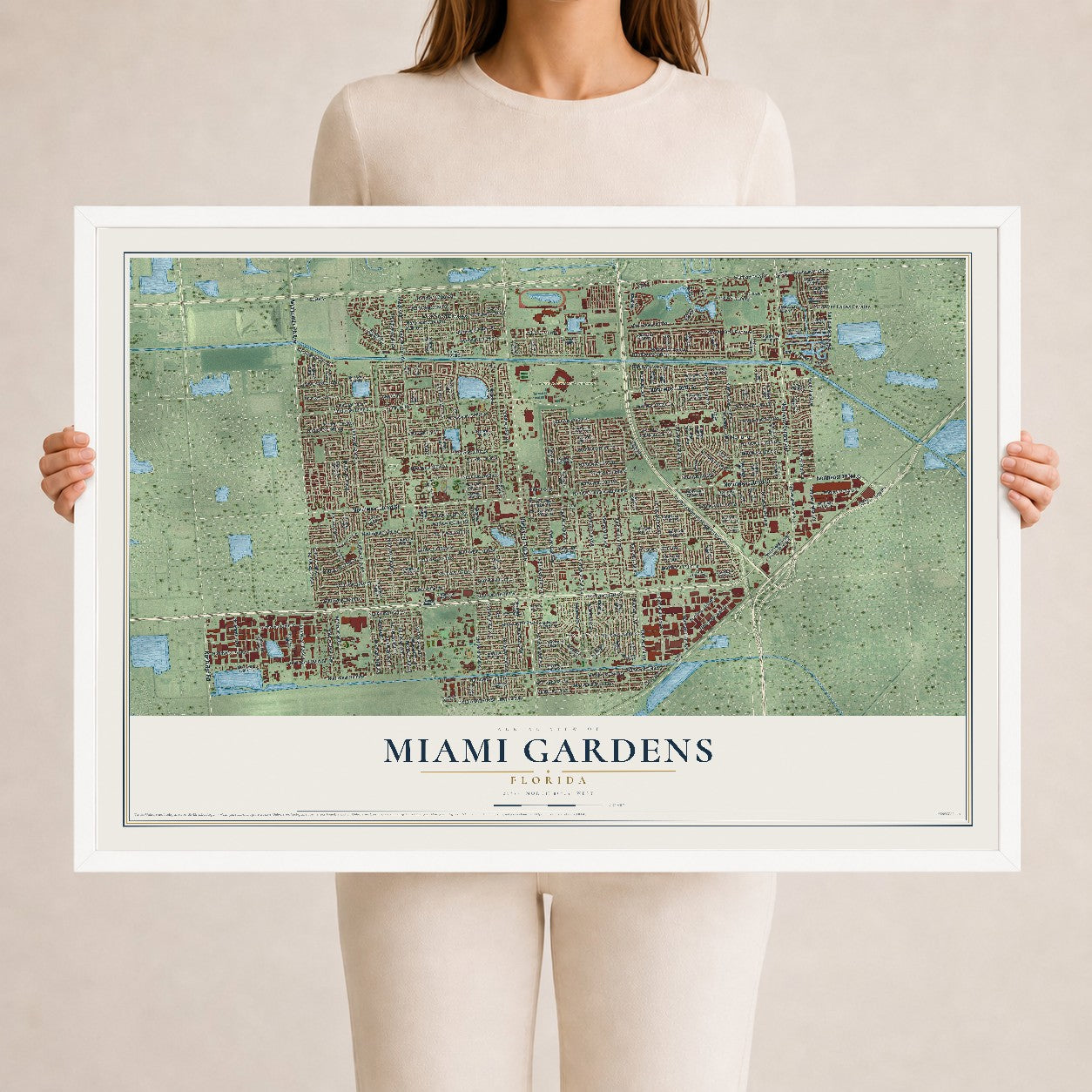 Miami Gardens, Florida map print, 24" x 36" W/ White Ayous Wood Frame mockup