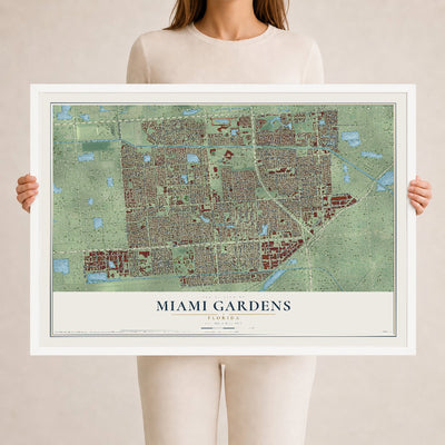 Miami Gardens, Florida map print, 24" x 36" W/ White Ayous Wood Frame mockup