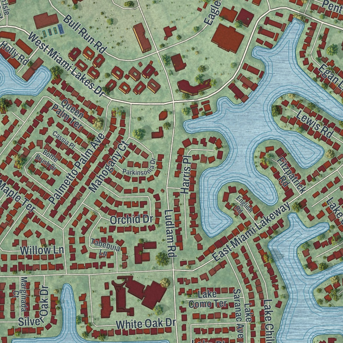 Close-up 1 of the Miami Lakes, Florida map artwork