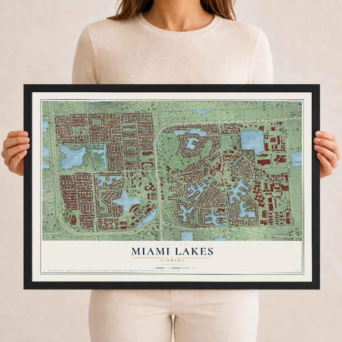 Miami Lakes, Florida map print, 12" x 18" W/ Black Ayous Wood Frame mockup