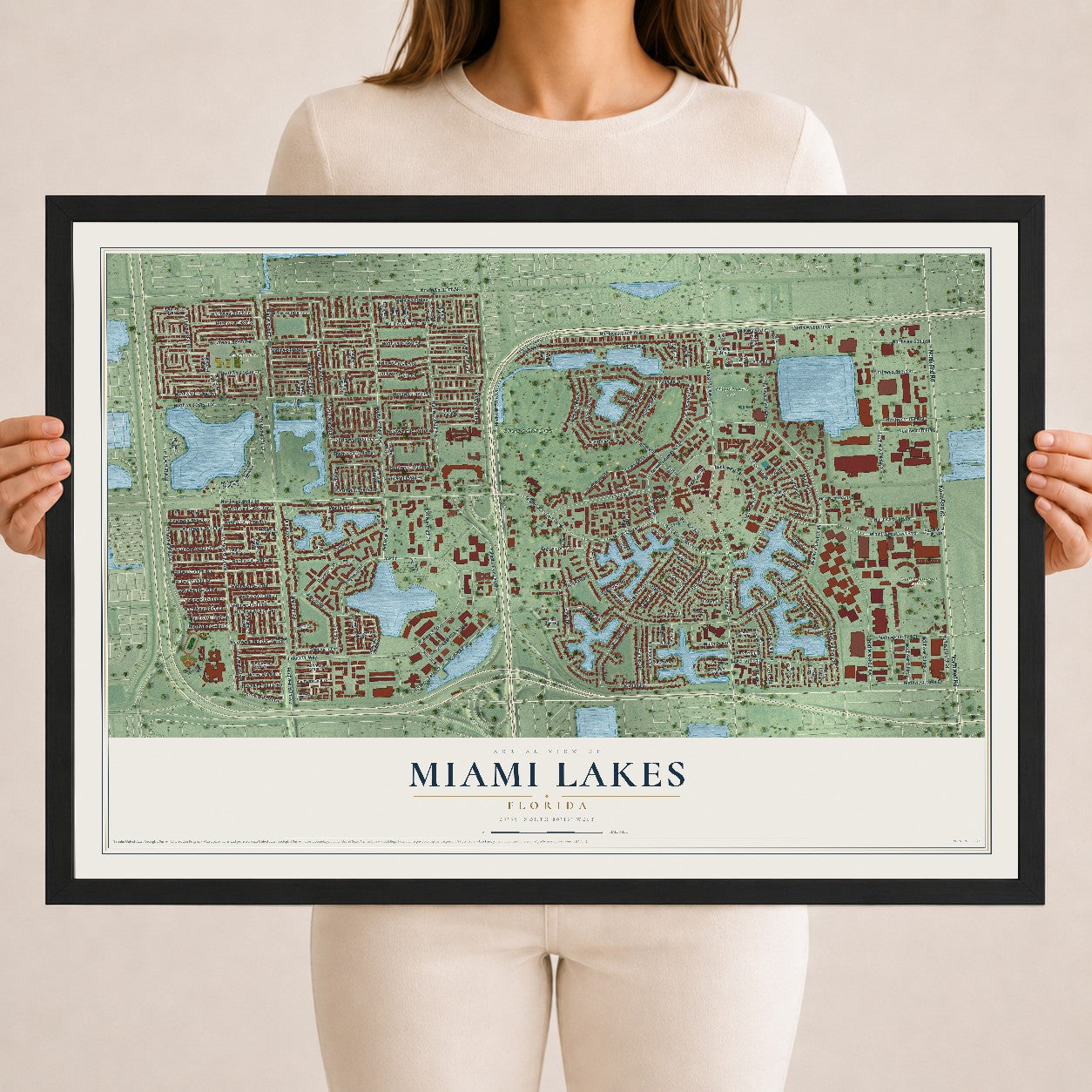 Miami Lakes, Florida map print, 18" x 24" W/ Black Ayous Wood Frame mockup