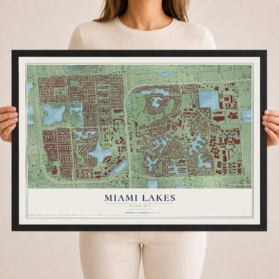 Miami Lakes, Florida map print, 18" x 24" W/ Black Ayous Wood Frame mockup