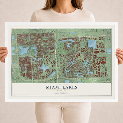 Miami Lakes, Florida map print, 18" x 24" W/ White Ayous Wood Frame mockup