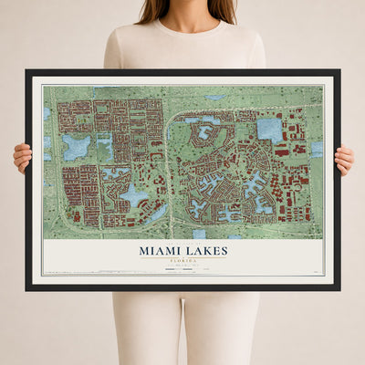 Miami Lakes, Florida map print, 24" x 36" W/ Black Ayous Wood Frame mockup