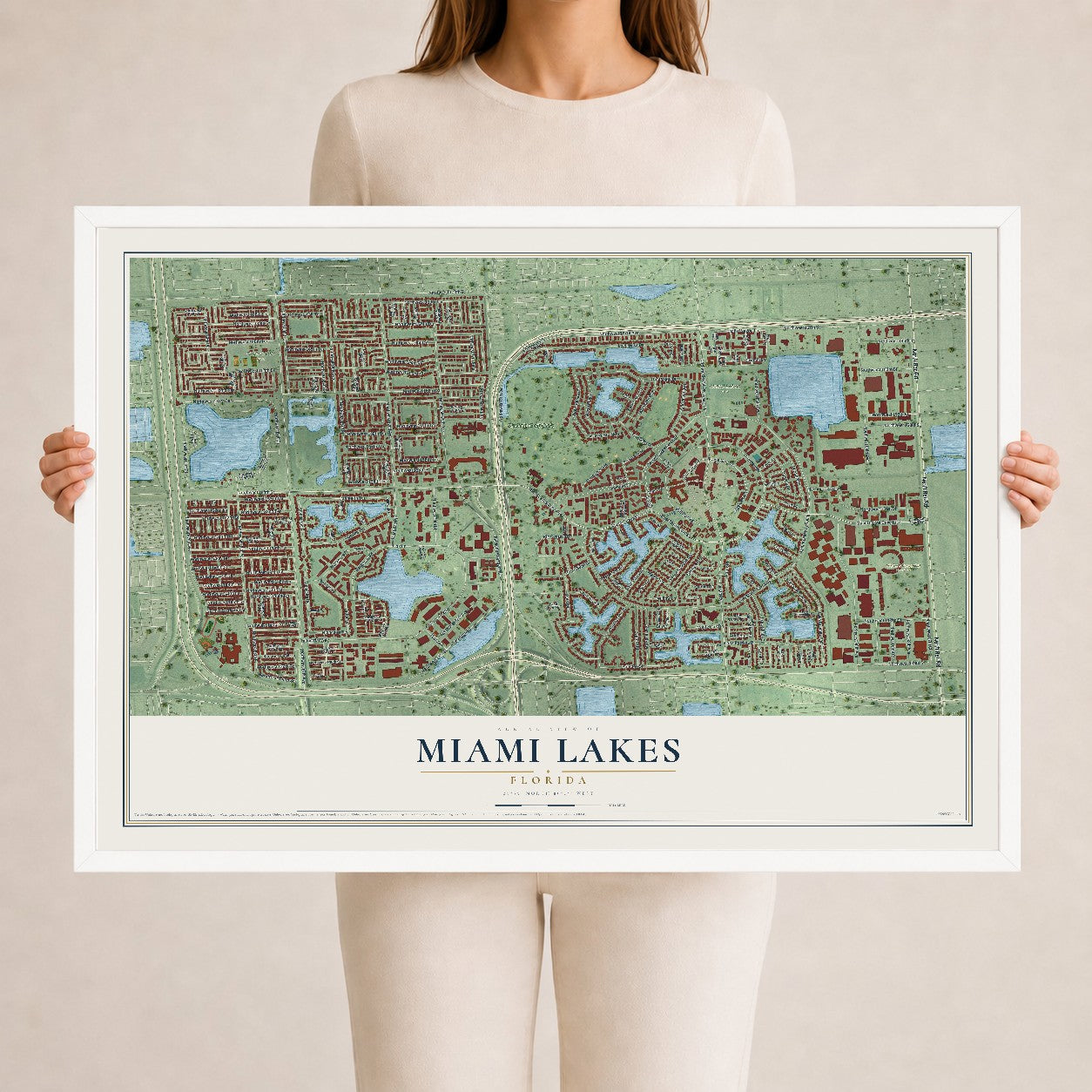 Miami Lakes, Florida map print, 24" x 36" W/ White Ayous Wood Frame mockup