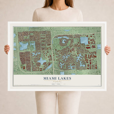 Miami Lakes, Florida map print, 24" x 36" W/ White Ayous Wood Frame mockup