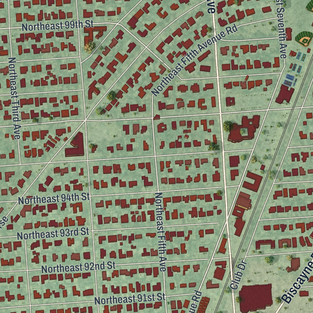 Close-up 2 of the Miami Shores, Florida map artwork