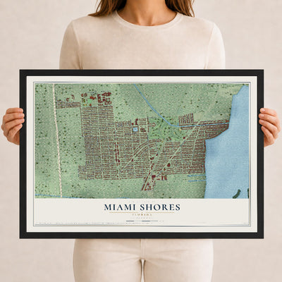 Miami Shores, Florida map print, 12" x 18" W/ Black Ayous Wood Frame mockup