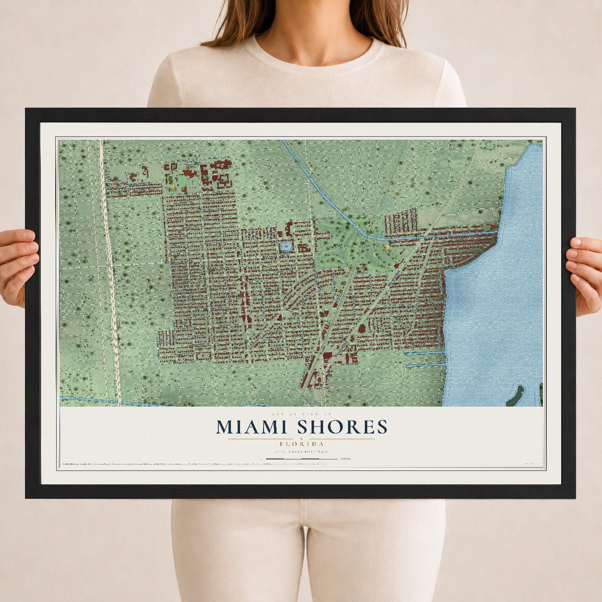 Miami Shores, Florida map print, 18" x 24" W/ Black Ayous Wood Frame mockup