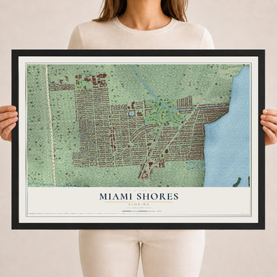 Miami Shores, Florida map print, 18" x 24" W/ Black Ayous Wood Frame mockup