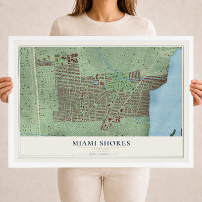 Miami Shores, Florida map print, 18" x 24" W/ White Ayous Wood Frame mockup