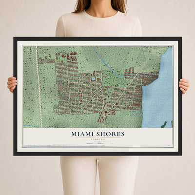 Miami Shores, Florida map print, 24" x 36" W/ Black Ayous Wood Frame mockup