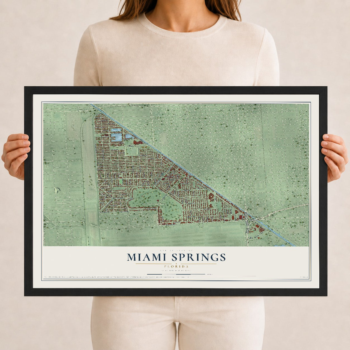 Miami Springs, Florida map print, 12" x 18" W/ Black Ayous Wood Frame mockup