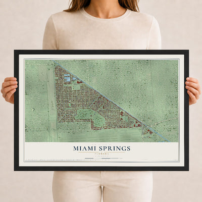 Miami Springs, Florida map print, 12" x 18" W/ Black Ayous Wood Frame mockup