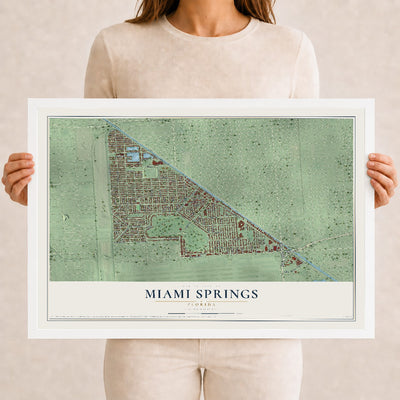 Miami Springs, Florida map print, 12" x 18" W/ White Ayous Wood Frame mockup