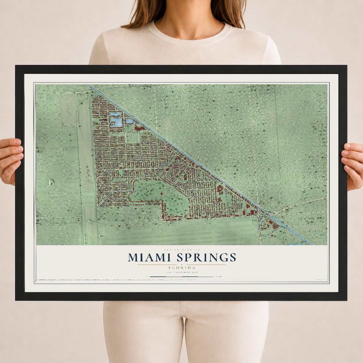 Miami Springs, Florida map print, 18" x 24" W/ Black Ayous Wood Frame mockup