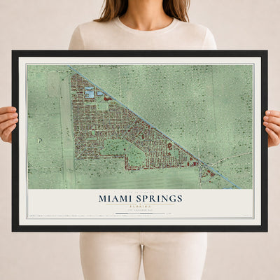 Miami Springs, Florida map print, 18" x 24" W/ Black Ayous Wood Frame mockup