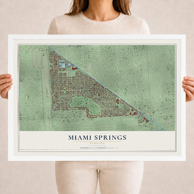 Miami Springs, Florida map print, 18" x 24" W/ White Ayous Wood Frame mockup