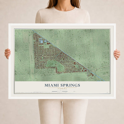 Miami Springs, Florida map print, 24" x 36" W/ White Ayous Wood Frame mockup