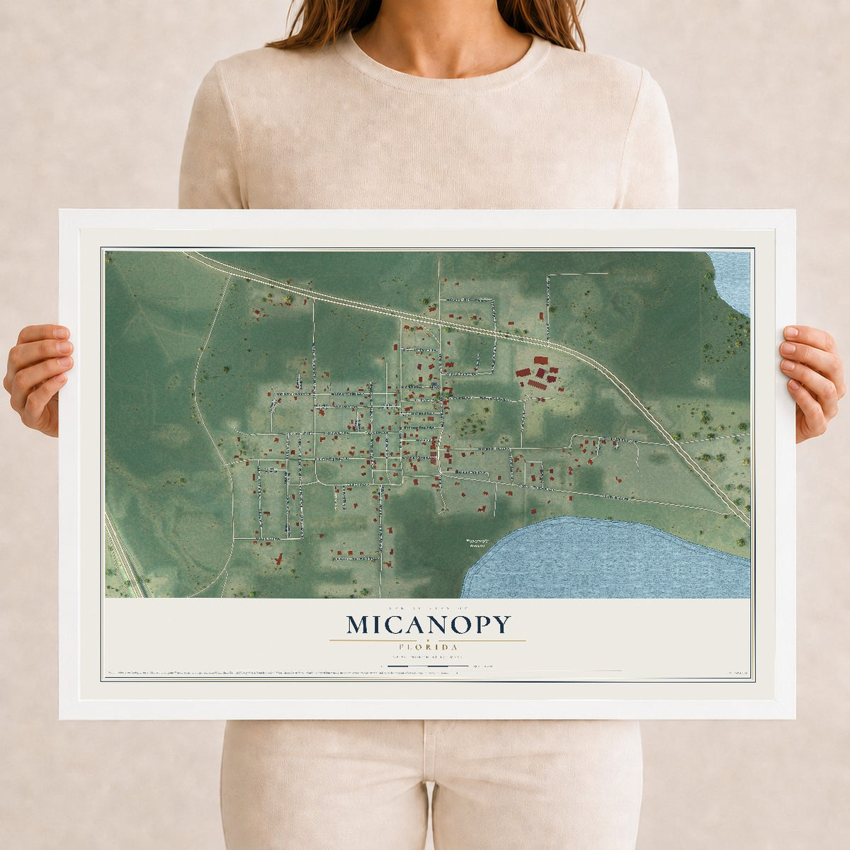 Micanopy, Florida map print, 12" x 18" W/ White Ayous Wood Frame mockup