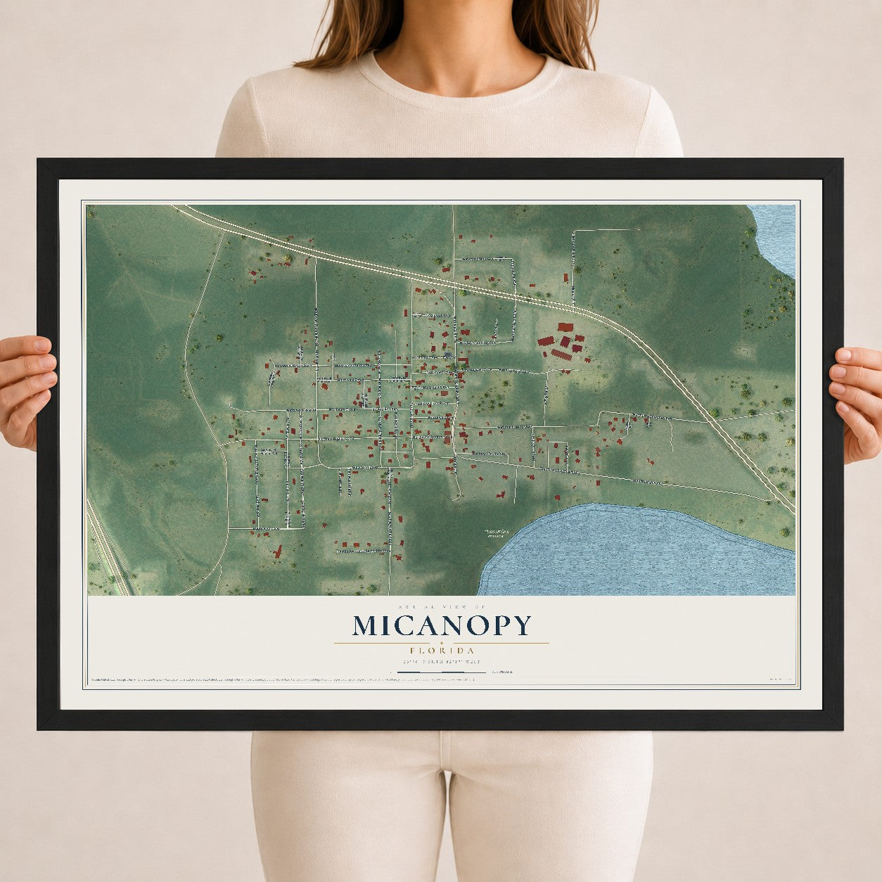 Micanopy, Florida map print, 18" x 24" W/ Black Ayous Wood Frame mockup