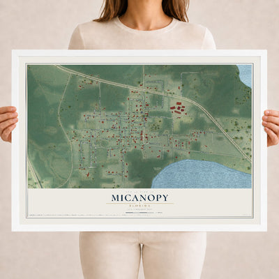 Micanopy, Florida map print, 18" x 24" W/ White Ayous Wood Frame mockup