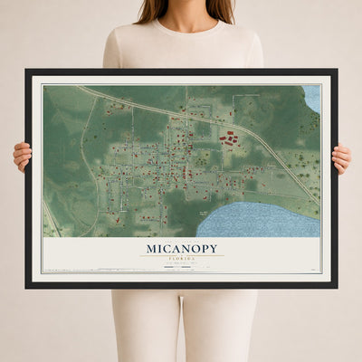 Micanopy, Florida map print, 24" x 36" W/ Black Ayous Wood Frame mockup