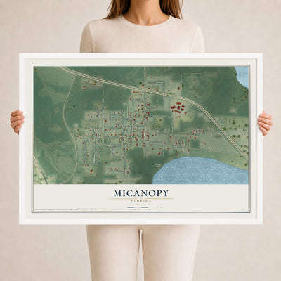 Micanopy, Florida map print, 24" x 36" W/ White Ayous Wood Frame mockup
