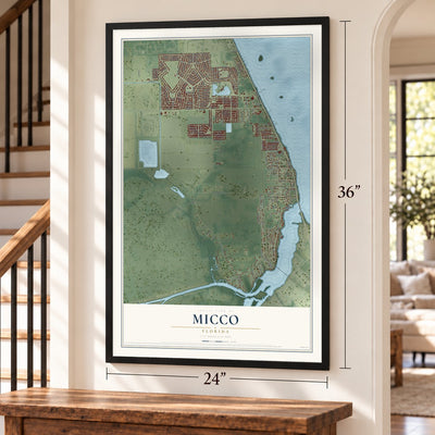 Micco, Florida map, 24 x 36 inch print in a black frame by a staircase