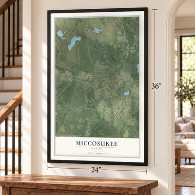 Miccosukee, Florida map, 24 x 36 inch print in a black frame by a staircase