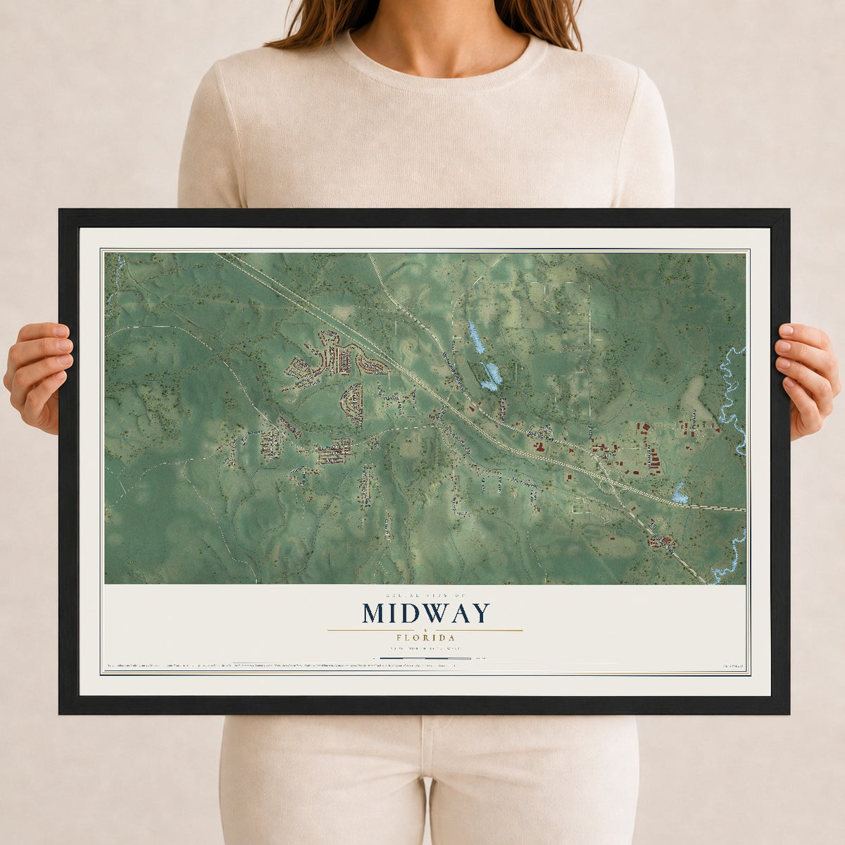 Midway, Florida map print, 12" x 18" W/ Black Ayous Wood Frame mockup