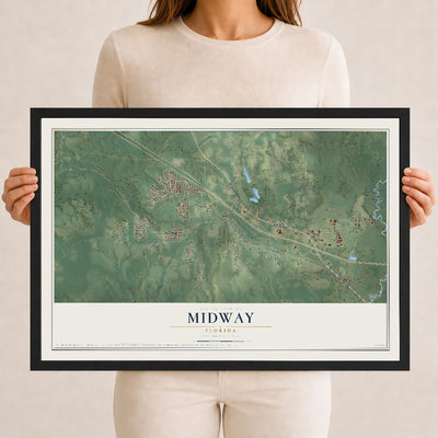 Midway, Florida map print, 12" x 18" W/ Black Ayous Wood Frame mockup
