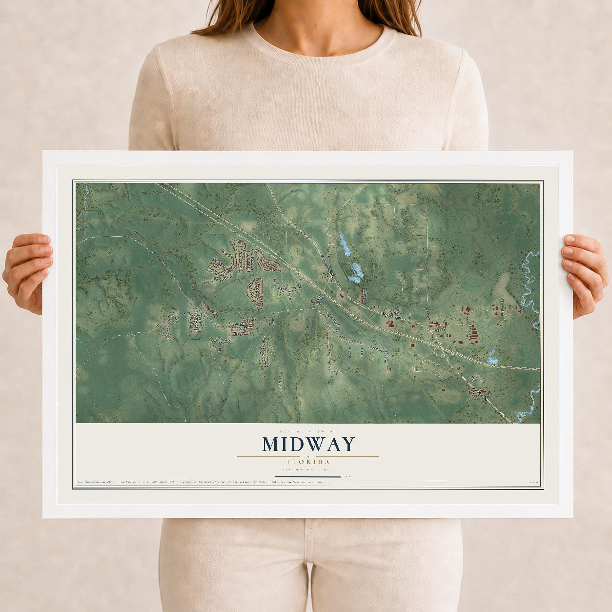 Midway, Florida map print, 12" x 18" W/ White Ayous Wood Frame mockup
