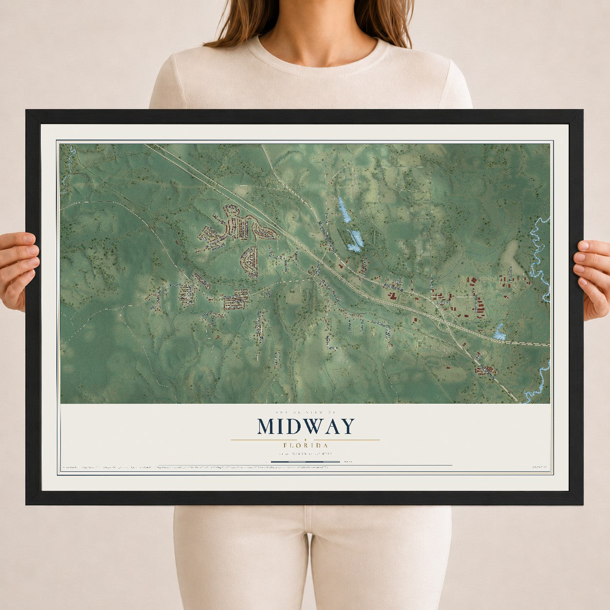 Midway, Florida map print, 18" x 24" W/ Black Ayous Wood Frame mockup